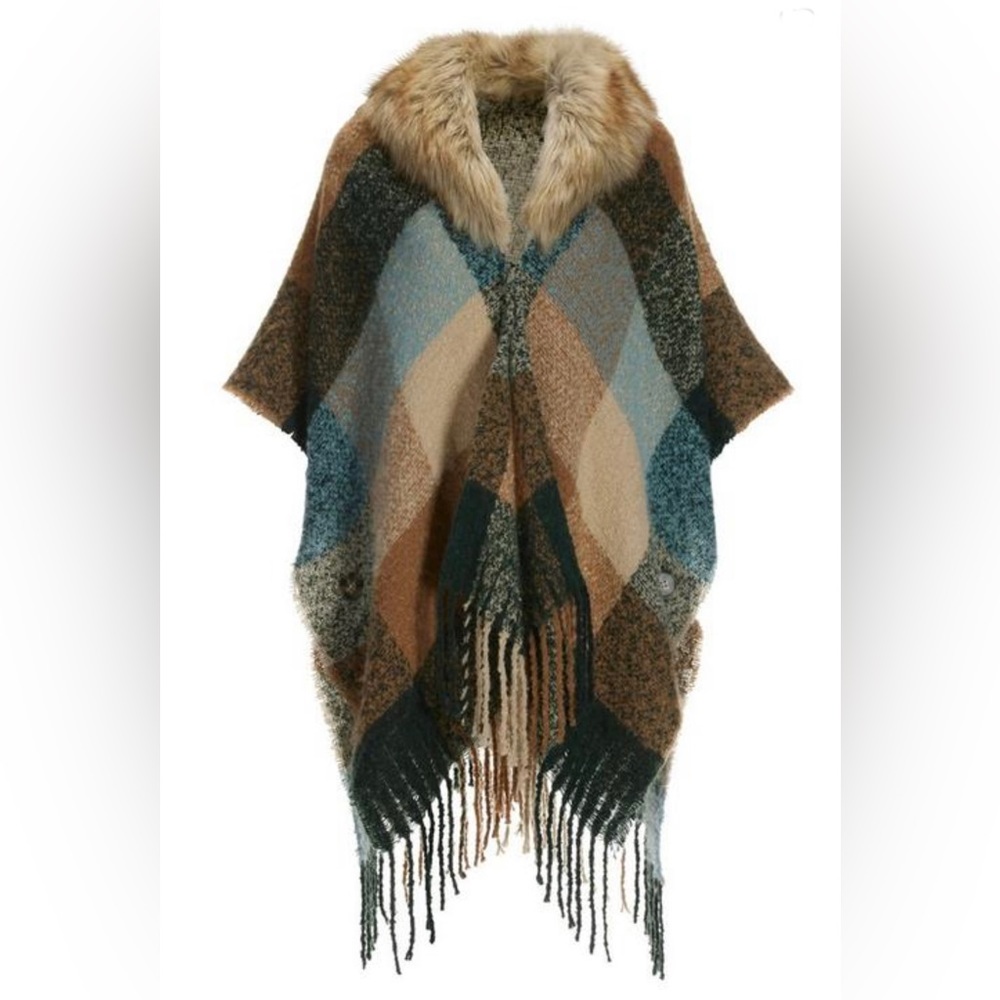 BOSTON PROPER Plaid Faux Fur Fringe Poncho